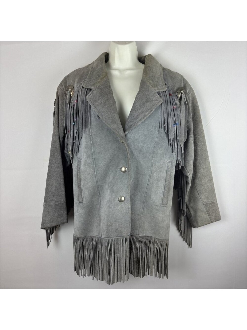 Vintage Pioneer Wear Blue Grey Suede Long Fringe Jacket Beaded Conchos Sz 10 USA